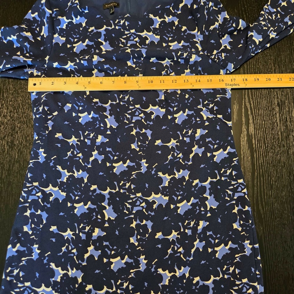 Talbots Blue Floral Scalloped Neck Sheath Dress 3/4 Sleeve Navy White Size 2 - Picture 15 of 16